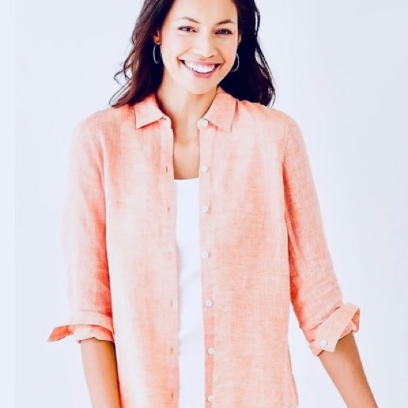 J Jill Love Linen blouse button up pale peach collar round hemline summer - Picture 1 of 10